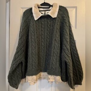 POL Gray Cable Knit Collared Sweater with Lace Trim